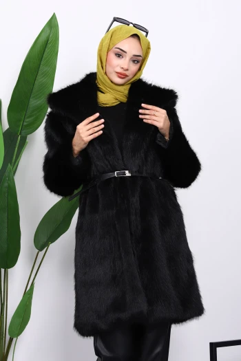 Siyah Kemerli Astarlı Kürk Kaban