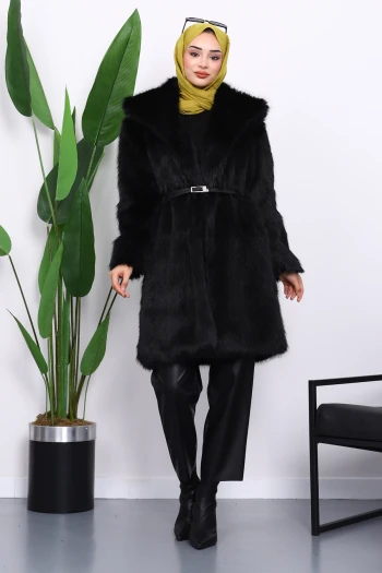 Siyah Kemerli Astarlı Kürk Kaban