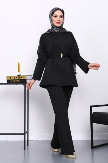 Siyah Kemerli Tunik Pantolonlu Scuba Takım