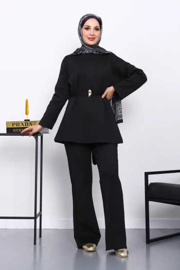 Siyah Kemerli Tunik Pantolonlu Scuba Takım