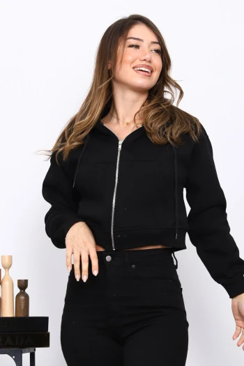 Siyah Kısa Kanguru Cepli Fermuarlı Üç İplik Sweat Hırka