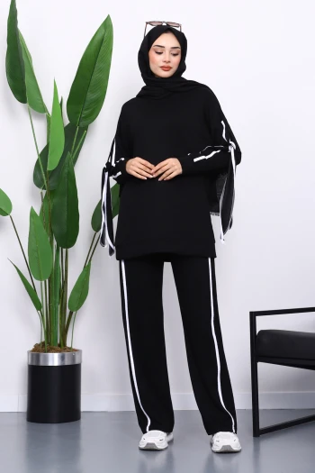 Siyah Kol Bağlamalı Tunik Pantolonlu Takım