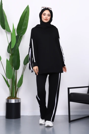 Siyah Kol Bağlamalı Tunik Pantolonlu Takım