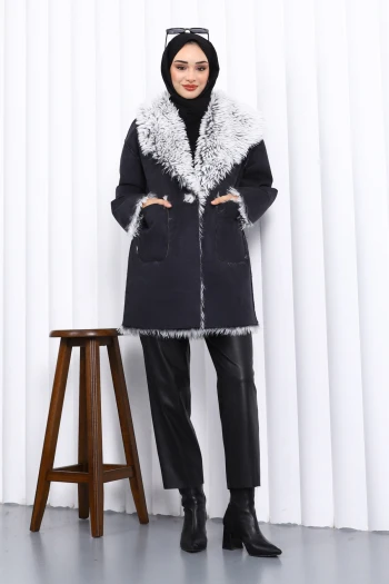 Siyah Kruvaze Yaka İçi Kürklü Süet Mont