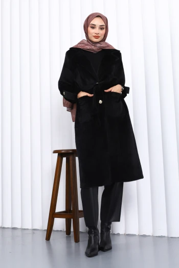 Siyah Kruvaze Yaka Kol Apoletli Angora Kaban