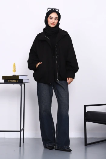 Siyah Pileli Astarlı Gabardin Ceket