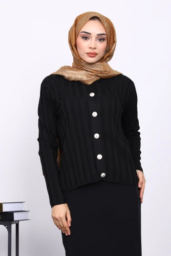 Siyah Soğuk İplik Düğmeli Hırka