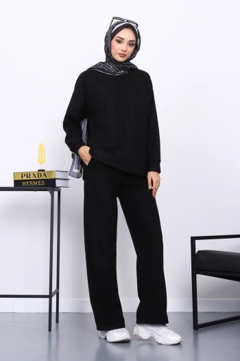 Siyah Üst ve Pantolonu Nervür Dikişli Selanik Takım