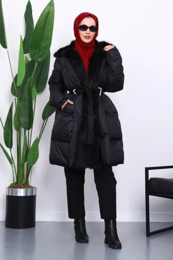 Siyah Yaka Kürklü Kemer Detaylı Şişme Mont