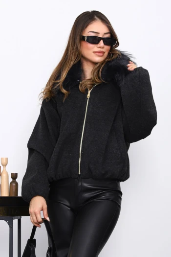 Siyah Yaka Kürklü Oversize Bomber Kaşe Ceket