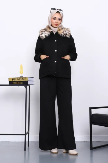 Siyah Yaka Kürklü Süet Ceket Pantolonlu Takım