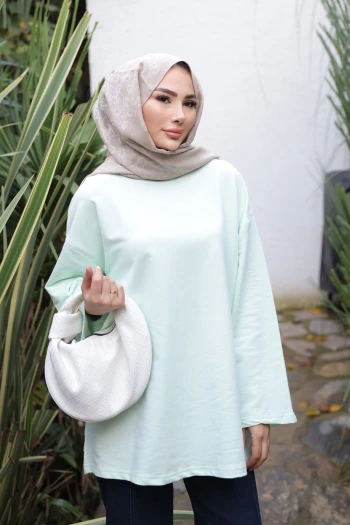 Su Yeşili Bisiklet Yaka Oversize İki İplik Tunik