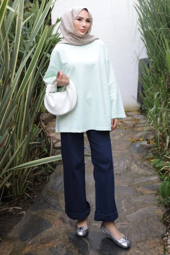 Su Yeşili Bisiklet Yaka Oversize İki İplik Tunik