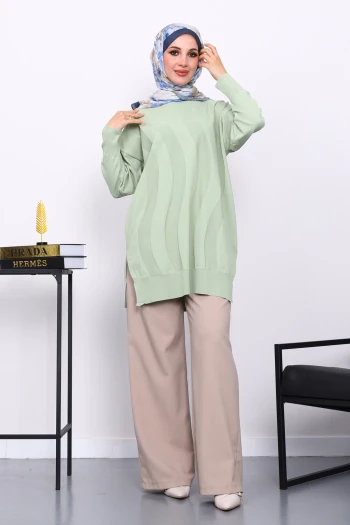 Su Yeşili Bisiklet Yaka Soğuk İplik Triko Tunik