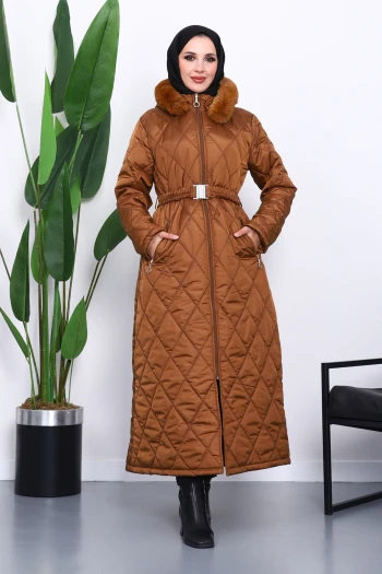 Taba Kapüşonlu Kapitone Uzun Şişme Mont