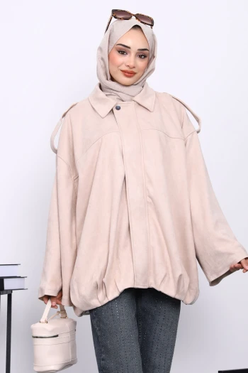 Taş Eteği Pileli Oversize Süet Ceket