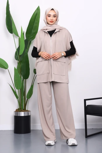 Taş Fermuarlı Çift Cepli Modal Yelek Pantolonlu Takım