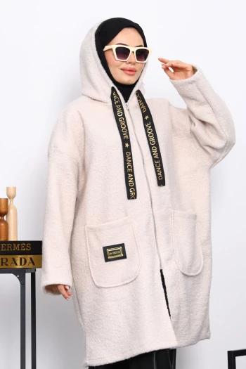 Taş Kapşonlu Cep Detaylı Buklet Kaban