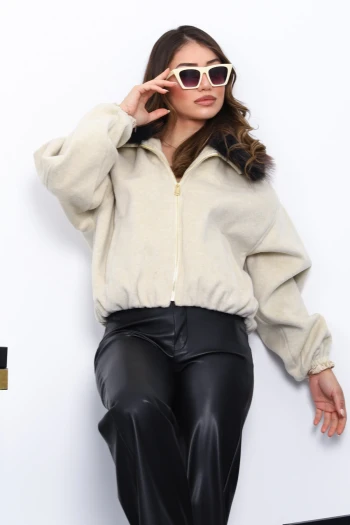 Taş Yaka Kürklü Oversize Bomber Kaşe Ceket