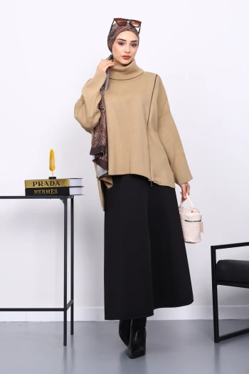 Vizon Balıkçı Yaka Fermuarlı Triko Tunik