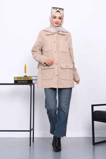 Vizon Cepli Düğmeli Kaşe Ceket