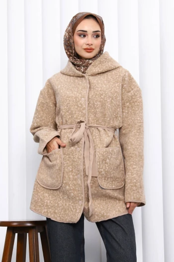 Vizon Çırçıtlı Kuşaklı Kaşe Ceket