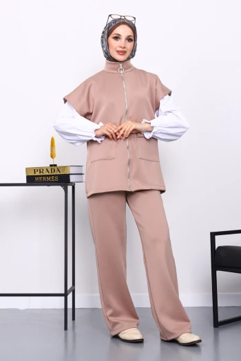 Vizon Fermuarlı Cepli Yelek Pantolonlu Scuba Takım