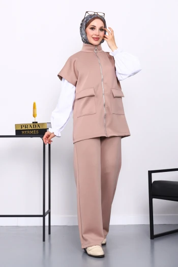 Vizon Fermuarlı Cepli Yelek Pantolonlu Scuba Takım