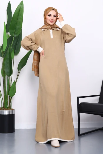 Vizon Gömlek Yaka Fermuarlı Triko Elbise