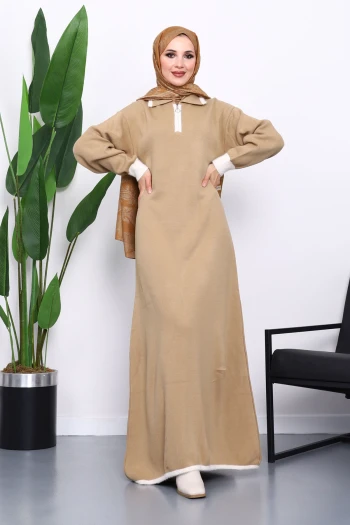 Vizon Gömlek Yaka Fermuarlı Triko Elbise