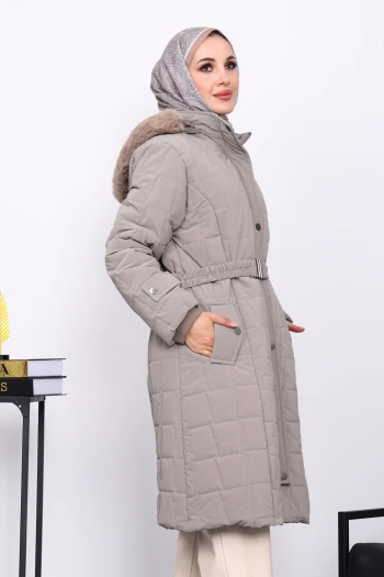 Vizon Kapüşonu Kürklü Uzun Şişme Mont