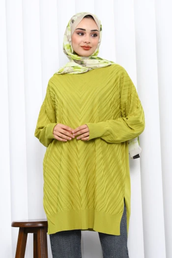 Yağ Yeşili Bisiklet Yaka Soğuk İplik Triko Tunik