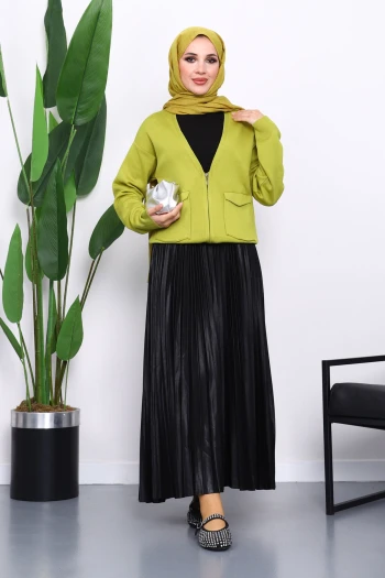 Yağ Yeşili Çift Cepli Fermuarlı Triko Hırka