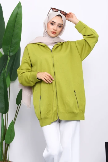 Yağ Yeşili Çift Cepli Fermuarlı Triko Hırka