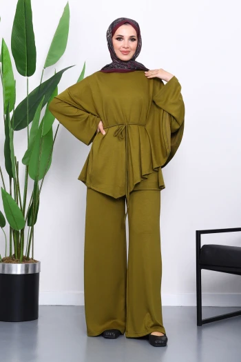 Yağ Yeşili Pelerin Detaylı Tunik Pantolonlu Takım
