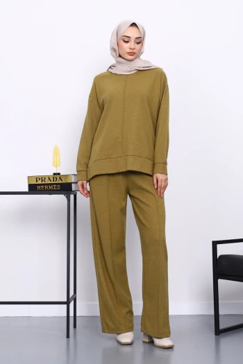 Yağ Yeşili Üst ve Pantolonu Nervür Dikişli Selanik Takım