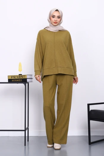 Yağ Yeşili Üst ve Pantolonu Nervür Dikişli Selanik Takım