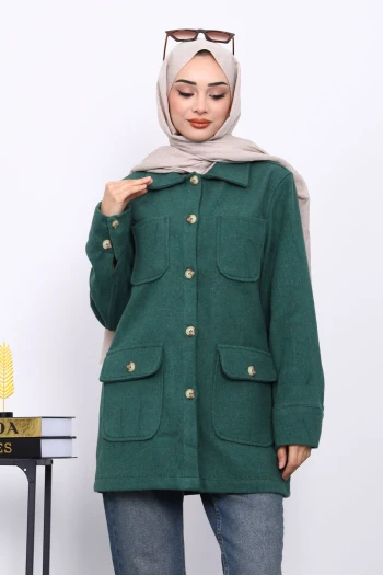 Yeşil Cepli Düğmeli Kaşe Ceket