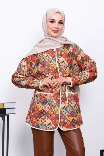 Yeşil Etnik Desenli Cepli Ceket