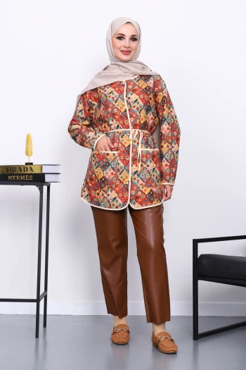 Yeşil Etnik Desenli Cepli Ceket