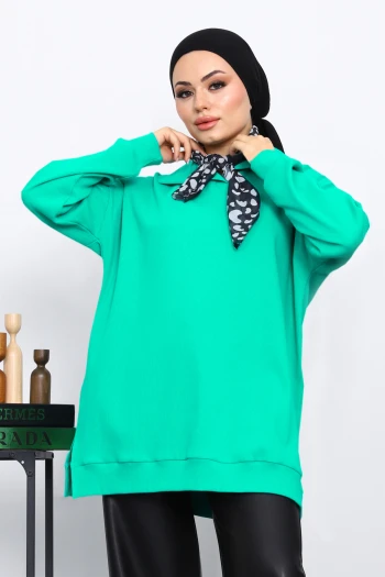 Yeşil Fular Detaylı Yakalı Tunik