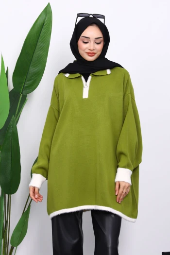 Yeşil Gömlek Yaka Fermuarlı Triko Tunik