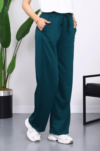 Zümrüt Yeşili Bel Lastikli İki İplik Palazzo Eşofman Alt