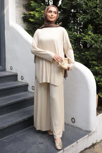 Açık Bej Piliseli Sandy Tunik Pantolon Takım