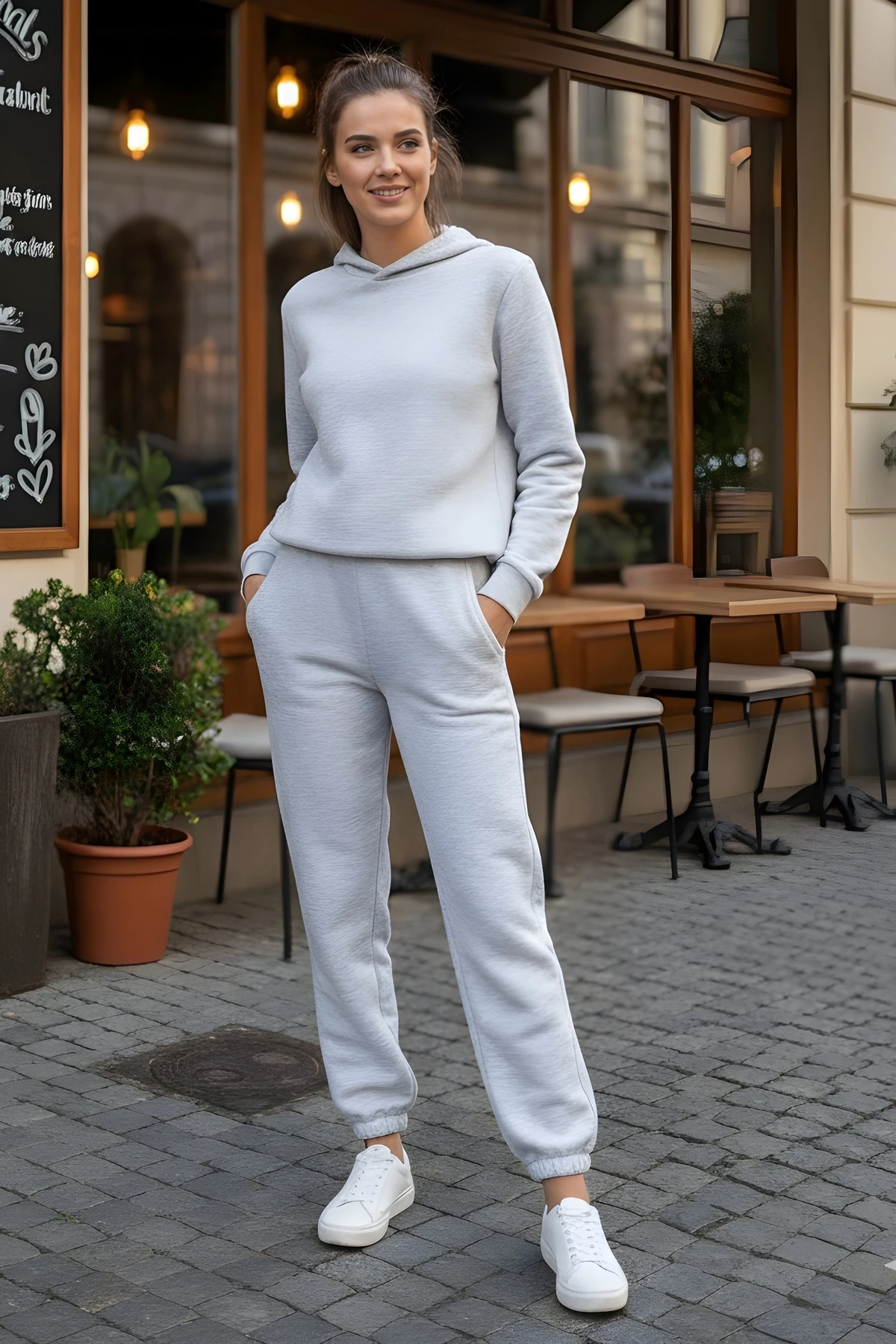 Açık Gri Üç İplik İçi Şardonlu Kompak Eşofman Takım