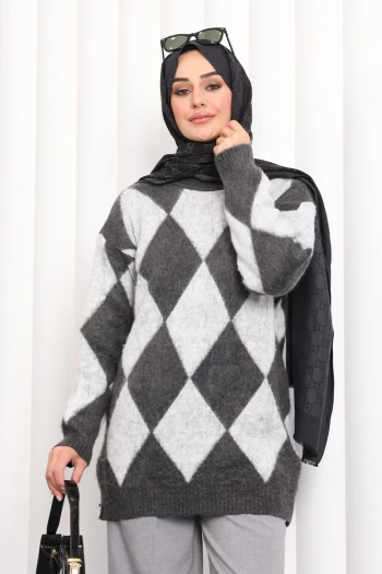 Antrasit Baklava Desenli Triko Kazak