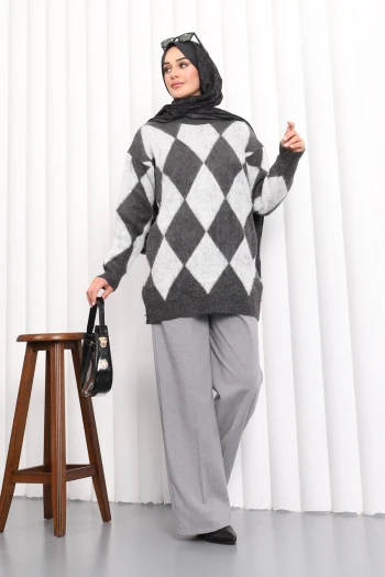 Antrasit Baklava Desenli Triko Kazak