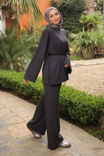 Antrasit Bel Bağlamalı Tunik Pantolonlu Modal Takım