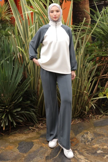 Antrasit Fermuarlı Garnili Sweat  Pantolonlu Takım