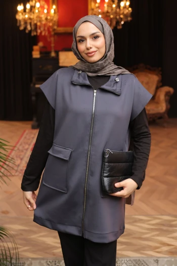 Antrasit Yakası Ve Beli Stoper Lastikli Cepli Scuba Yelek